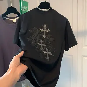 American Heavy Industry Cross Embroidery Short Sleeve T-Shirt for Men and Women, Extra Large Size, Oversize, Niche High-End Feel, Trendy Brand