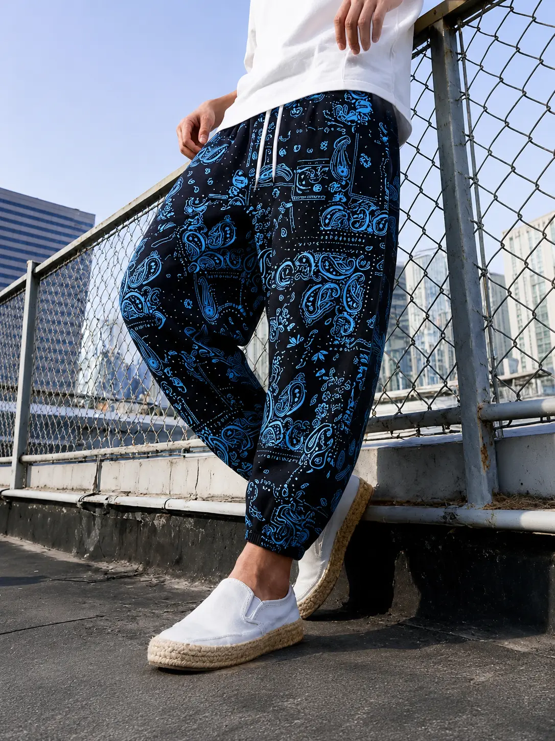 Menswear Bandana Print Sarouel Pants - Casual Streetwear Hip Hop Joggers, Loose-Fit, Drawstring, Elastic Ankle, Ankle-Length Men's Bottoms, Ankle Length Men's Pants