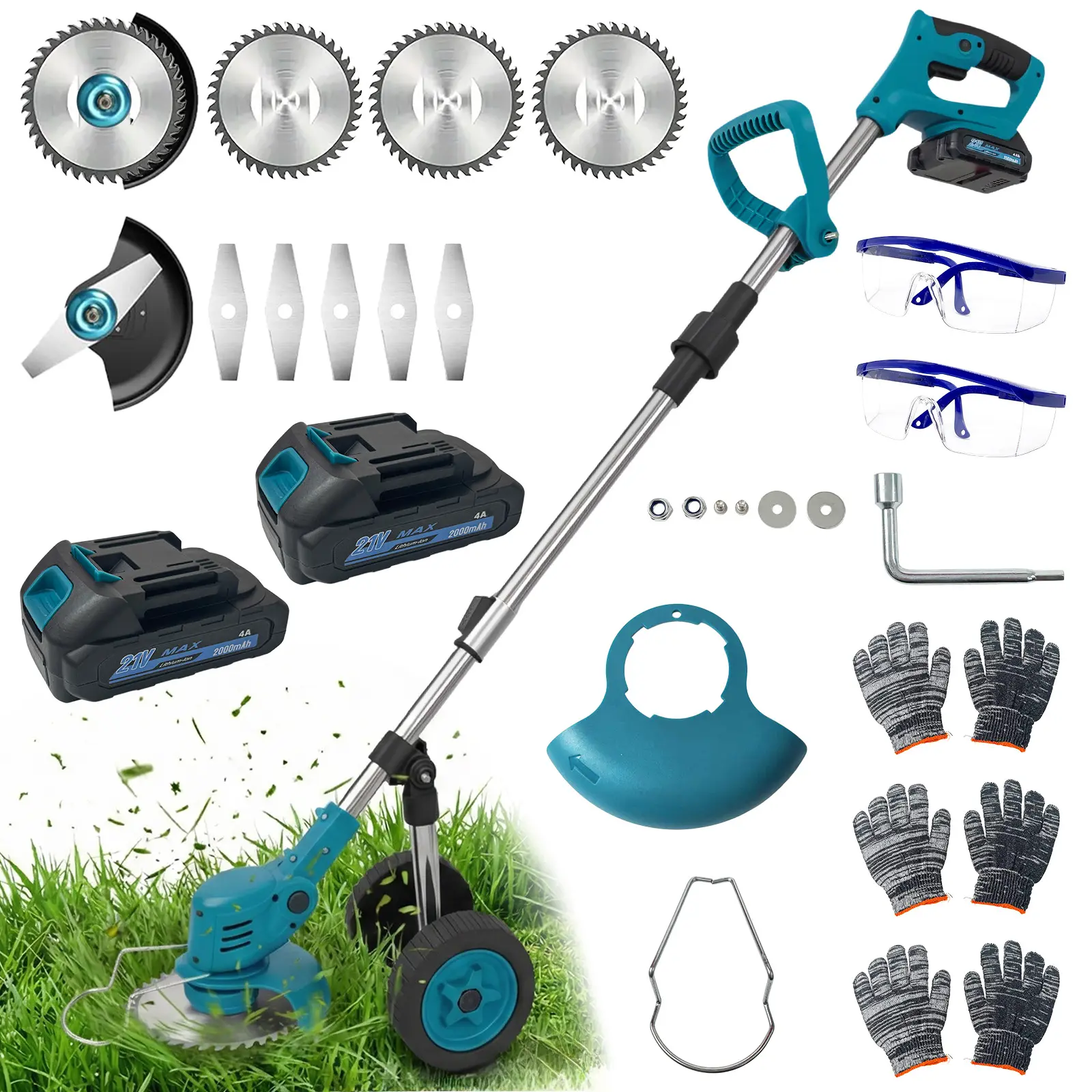 *21V Cordless Grass Trimmer Battery Powered,18000RPS Weed Wacker,A lawn mower that women can operate alone with 2 Batteries & Charger, Lightweight Brush Cutter/Grass Trimmer, 2 Types Blade, for Lawn Yard Garden