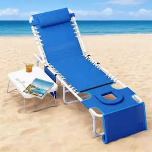 3-in-1 Outdoor Tanning Bench Chair – Face Hole, 5 Recline Positions, Folding Table, Removable Pillow – Heavy Duty Oxford Fabric, Beach, Pool, Patio, Garden Lounger, Max 330lbs-blue