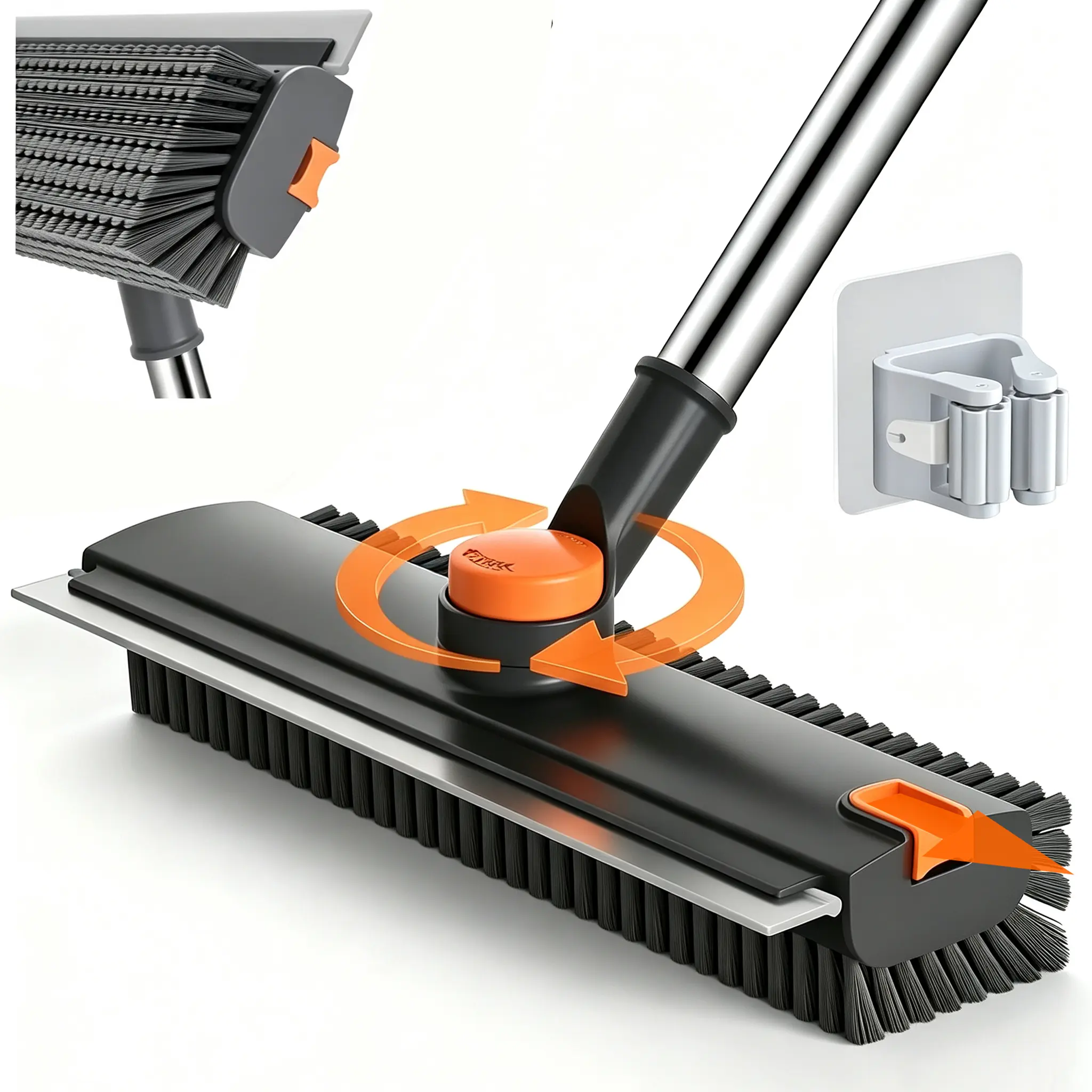 3 in 1 Floor Scrub Brush，360° Rotating Gap Cleaning Tool - Extendable Adjustable Long Handle and Scraper Cleaner for Windows, Sliding Doors, Bathroom，Kitchen，Patio，Garage，Pool Wall，and DeckNarrow Spaces, Home Deep Cleaning，Stiff Bristle Floor Scrubber