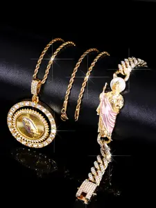 Hip Hop Charm Iced Out Blingbling Enameled Saint Jude Virgin Mary Pendant Necklace & Bracelet Set, Unisex Jewelry for Daily Wear Fashionable Jewelry Set