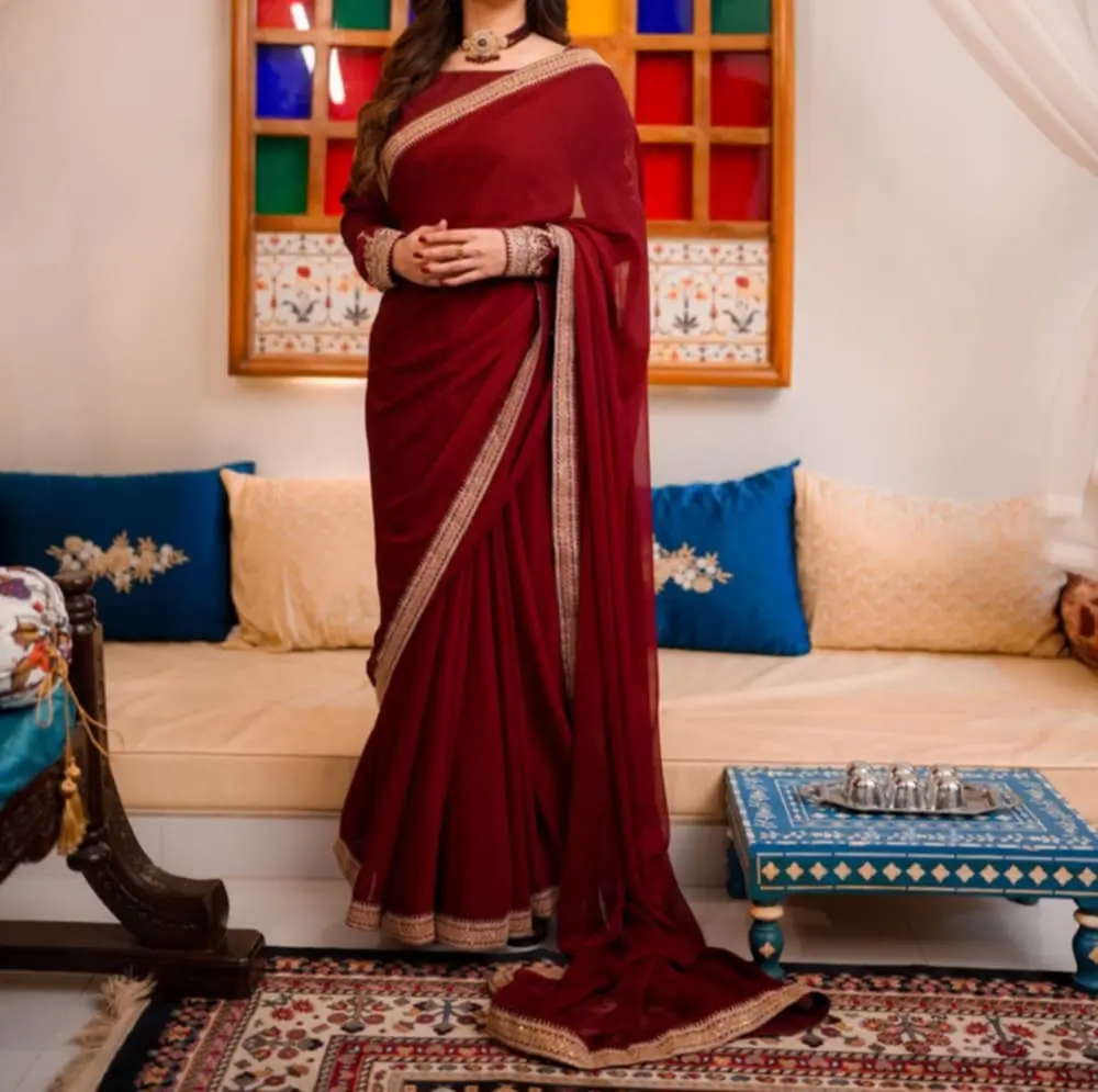 Women's Embroidered Stitched 2-Piece Ready-to-Wear Saree Set, Lightweight Maroon Chiffon Saree with Zari Work, Raw Silk Boat Neck Blouse with Loop Buttons Back - Elegant Women's Clothes for Parties, Weddings, Elegance, Soft, Costumes, Versatile Drape, Fes