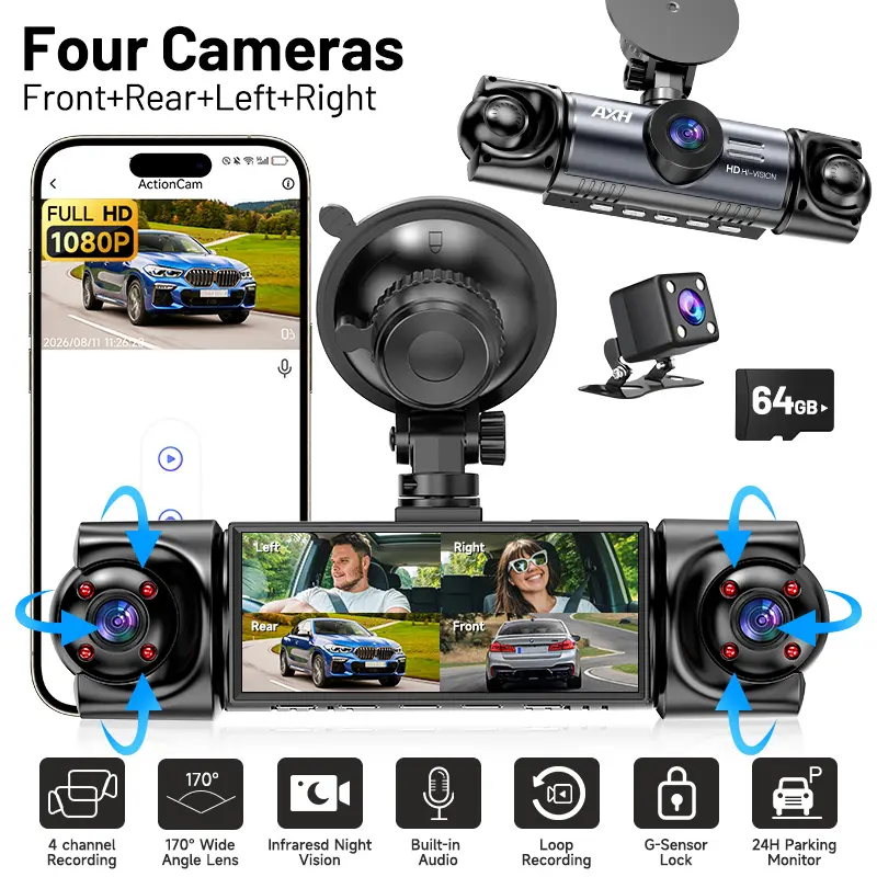 AXH 4 Channel WiFi Dash Cam for Cars, 1080P Front + 720P Rear/Left/Right 360° Wide Angle Car DVR, Loop Recording, G Sensor, Free 64GB Card，Plug and Play , Driving Safety Car Accessory