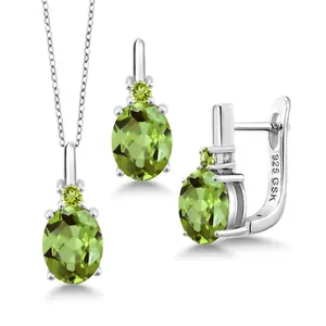 Gem Stone King 925 Sterling Silver Gemstone Birthstone Pendant and Earrings Jewelry Set for Women | Oval 8X6MM and Round 2.5MM | With 18 Inch Chain | Fine Jewelry Set for Her Mom Wife