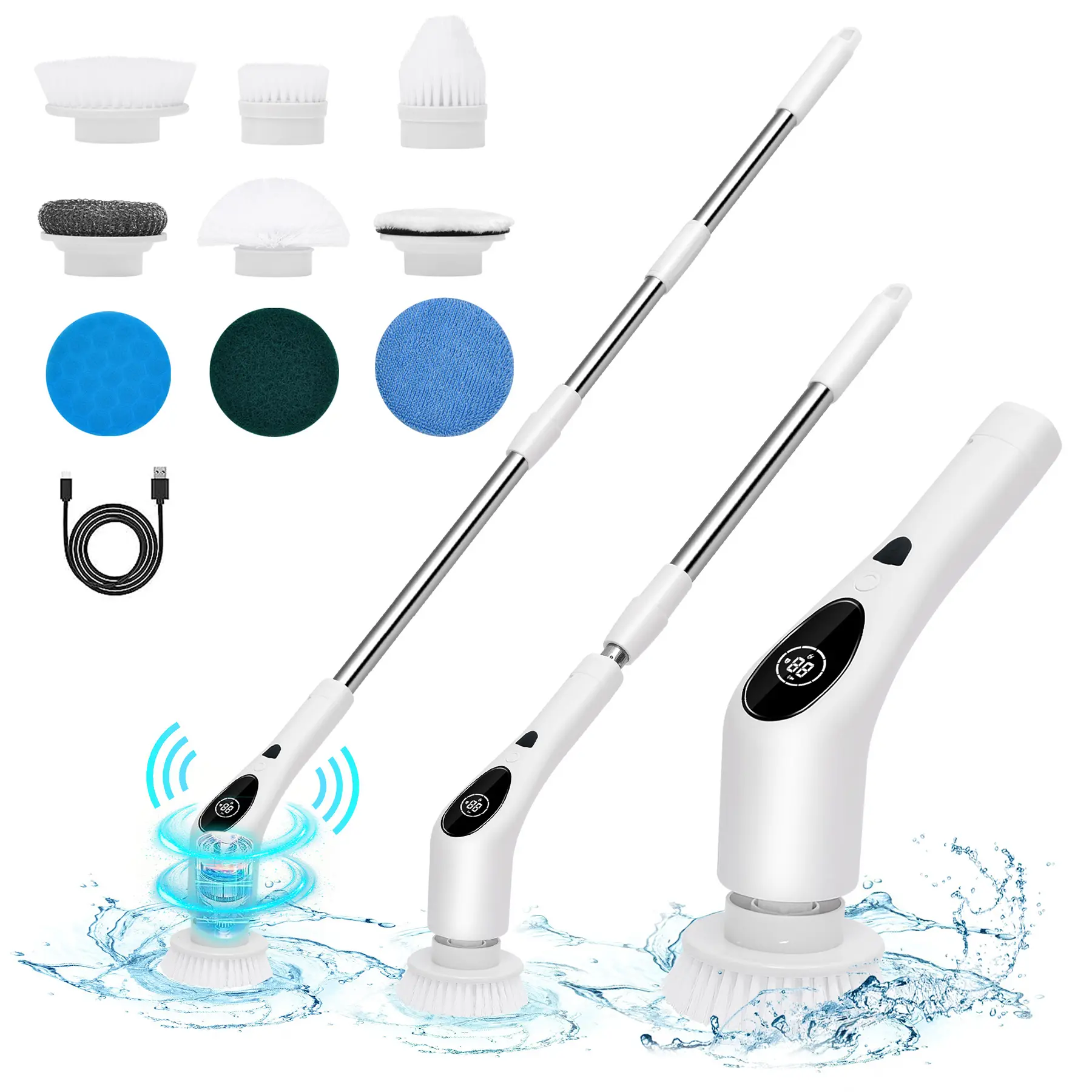 Electric Spin ScrubberCordless Shower Scrubber, CleaningBrush, with 8 Replaceable BrushHeads and 3 Adjustable ExtensionHandle, 2 Adjustable Speeds forBathroom, Kitchen, Tub, Tile, Floor,Toilet, Household Cleaning SuppliesAccessories durable