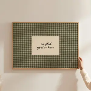 So Glad You're Here Print Vintage Cottagecore Entryway Wall Art Guest Room Decor Welcoming Sign Hospitality Print Gingham Farmhouse Wall Art