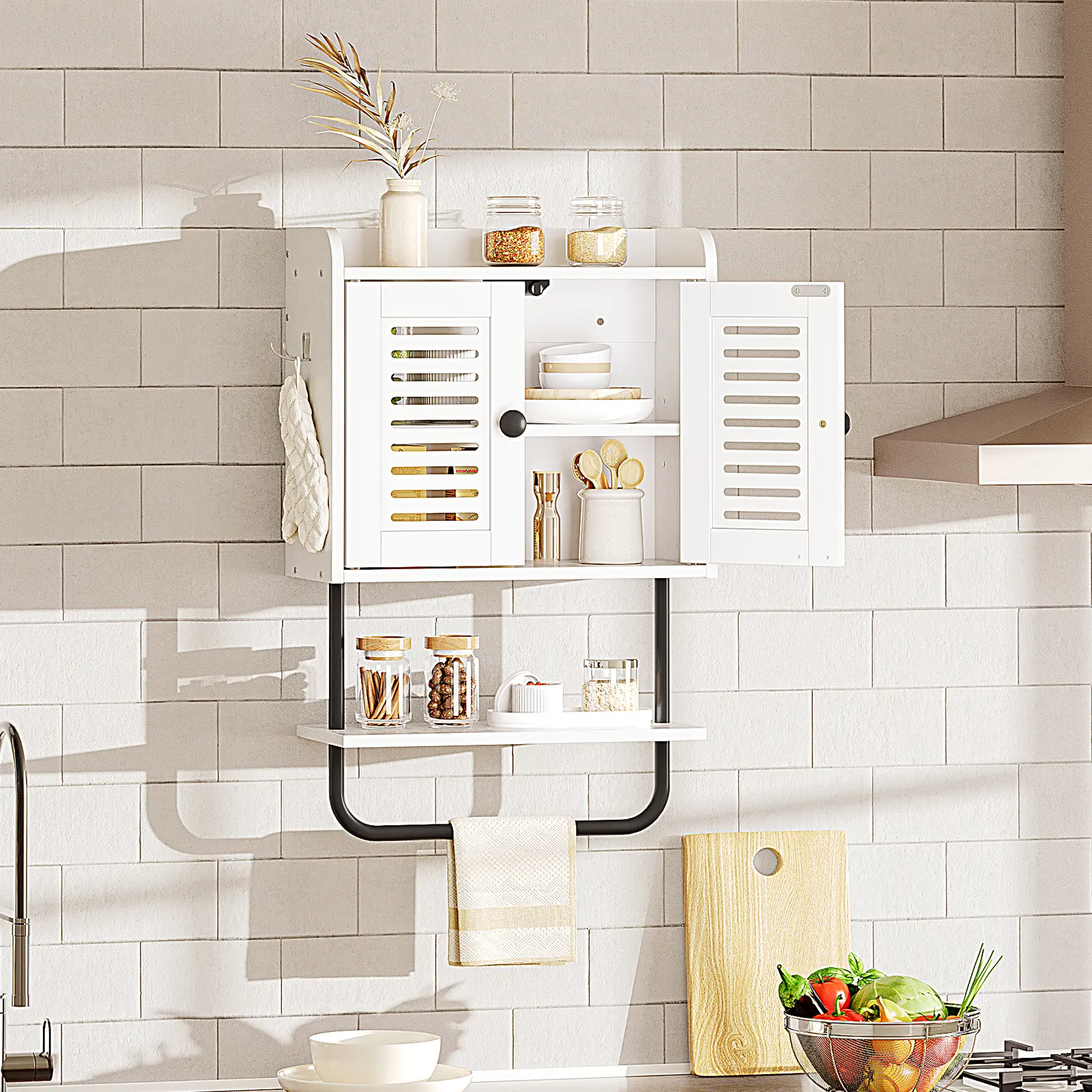 HOOBRO Medicine Cabinet, Double Doors Bathroom Wall Cabinet with Towel Bar, Adjustable Shelf, 2 Hooks, Over The Toilet Storage Cabinet, for Bedroom, Kitchen, White #SummerVibes