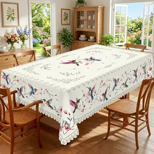 Hummingbird Flower Printed Tablecloth, Round Rectangular Tablecloth, Four Seasons Tablecloth Decor, Indoor And Outdoor Use, Suitable For Christmas, Valentine Day, Wedding, Birthday, Anniversary, Home Kitchen Dining Table Cover