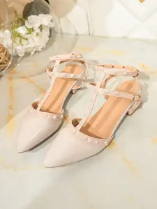 New Chunky Heel Buckle Women's Pearl Decor High Heels, Fashion Versatile Pointed Toe Party Shoes, Elegant High Heels Ankle Strap Heels