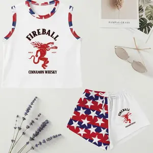 Fireball Whiskey Women’s Crop Top and Sport Shorts Set, USA Flag Stars Graphic Red Hot Summer Outfit, Gift for Her