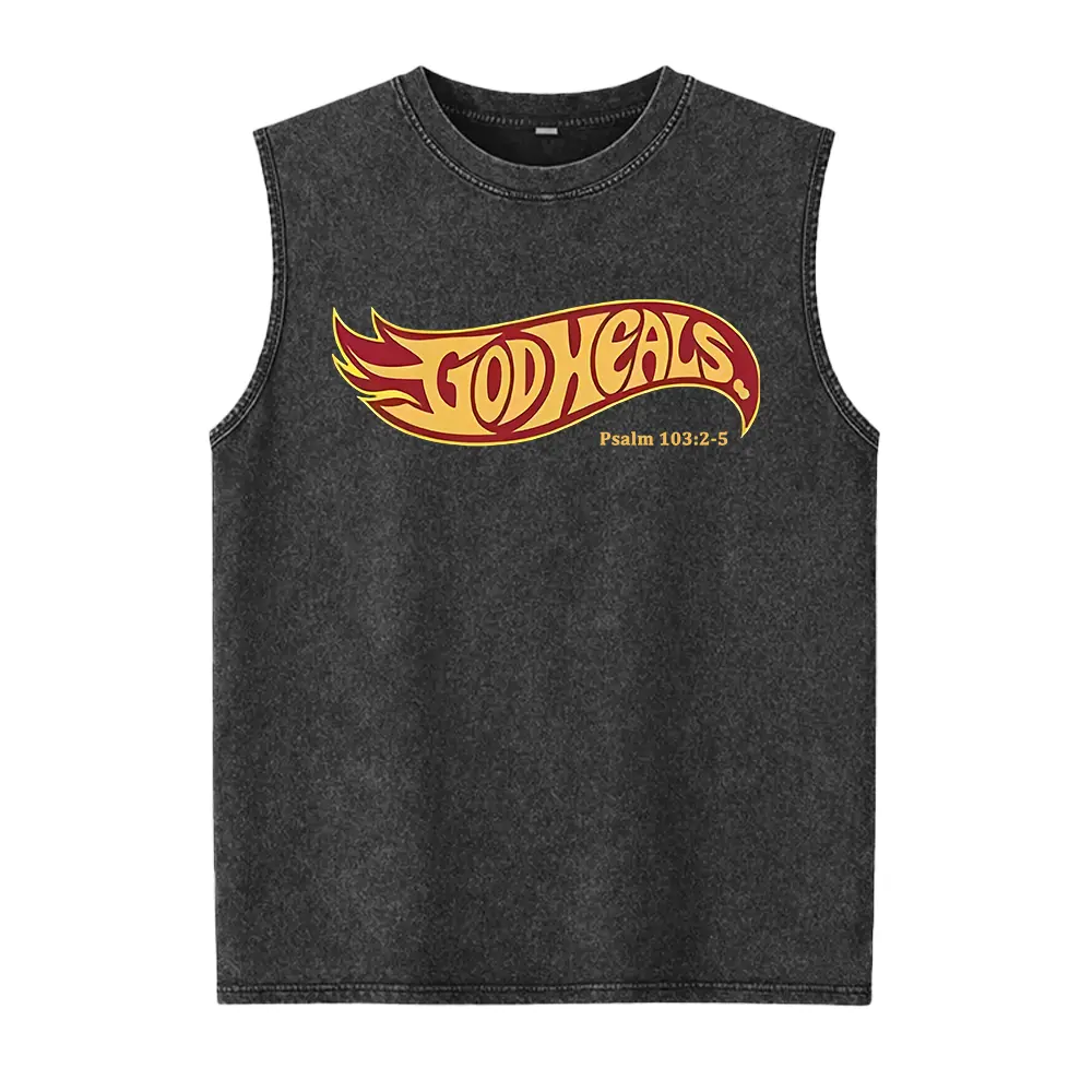 God Heals Hot Wheels Style Washed Vest Psalm 103:2-5 Christian Graphic Washed Vest