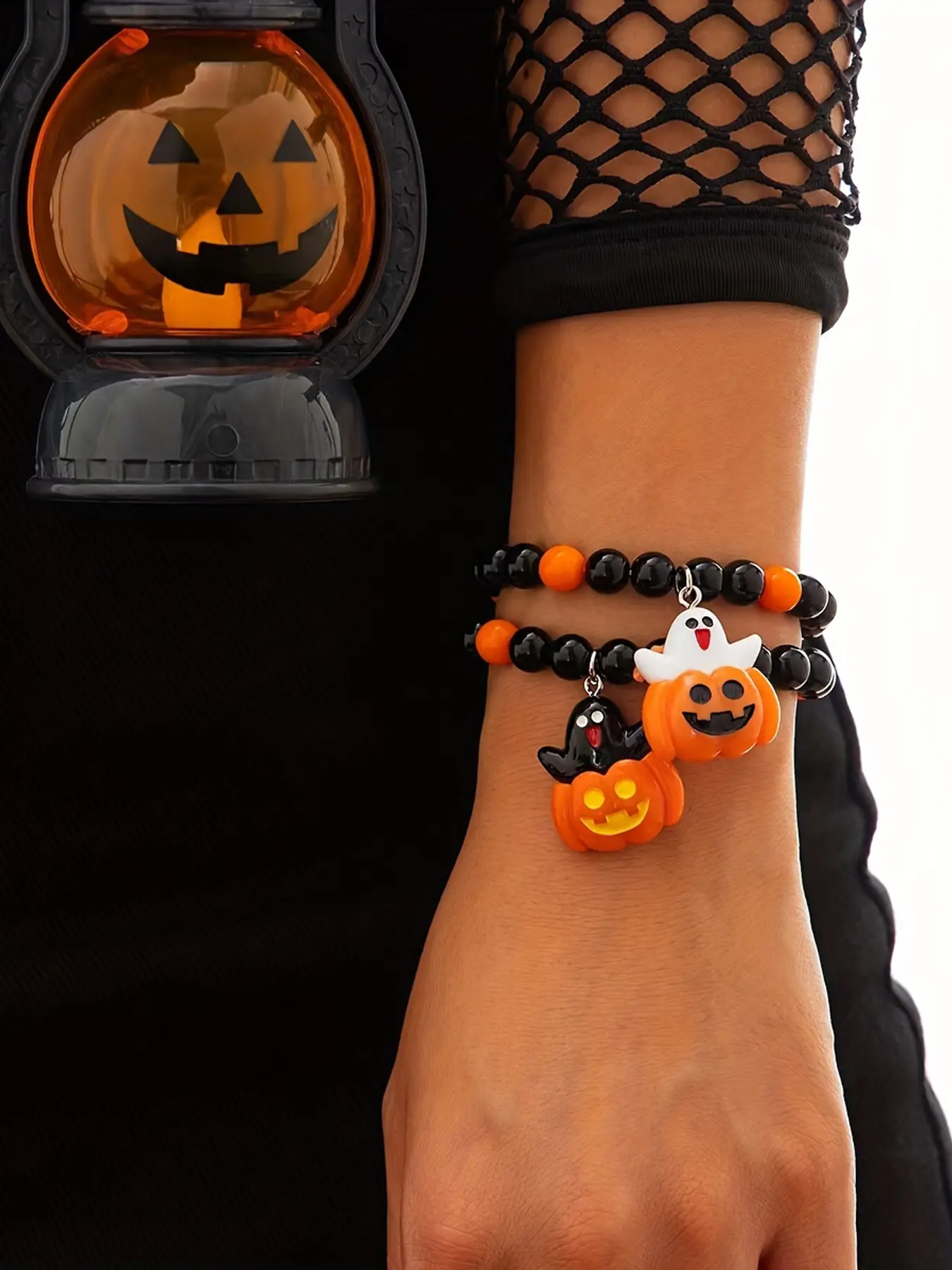 2-Pack Women's Stretchable Halloween Party Bead Wristbands with Cartoon Charms, Polymer Clay Ghost & Pumpkin, No Plating - Festive Accessory for Holiday Celebrations, Hypoallergenic, Winter Season