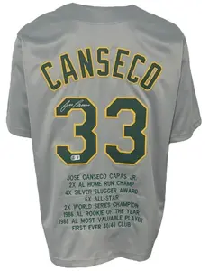 Oakland A's Jose Canseco Autographed Pro Style Grey Stat Jersey BAS Authenticated