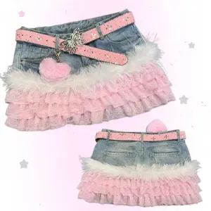 Vintage Retro Cute Sweet Green Dopamine Denim Patchwork Mini Skirt Puff Skirts High Street Casual Fashion Outfit Summer 2026