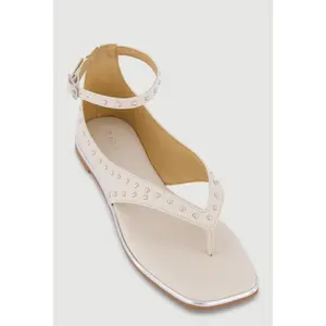 Metallic Studded Ankle Strap Thong Sandals