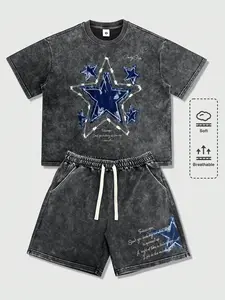 Lightweight vintage casual athletic set for men featuring a star print pattern, Y2K street style, washed distressed look, premium feel, loose fit, versatile design. Short-sleeve T-shirt and shorts set suitable for running, golf, fishing, basketball, campi