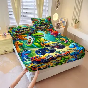 3pcs Dinosaur Racing Printed Fitted Sheet Set, Cartoon Element Bedding Set (Unfilled), Soft and Breathable, Deeply Wrapped Edge Design, Easy To Clean, Very Suitable for Children'S Bedroom and Dormitory Decoration