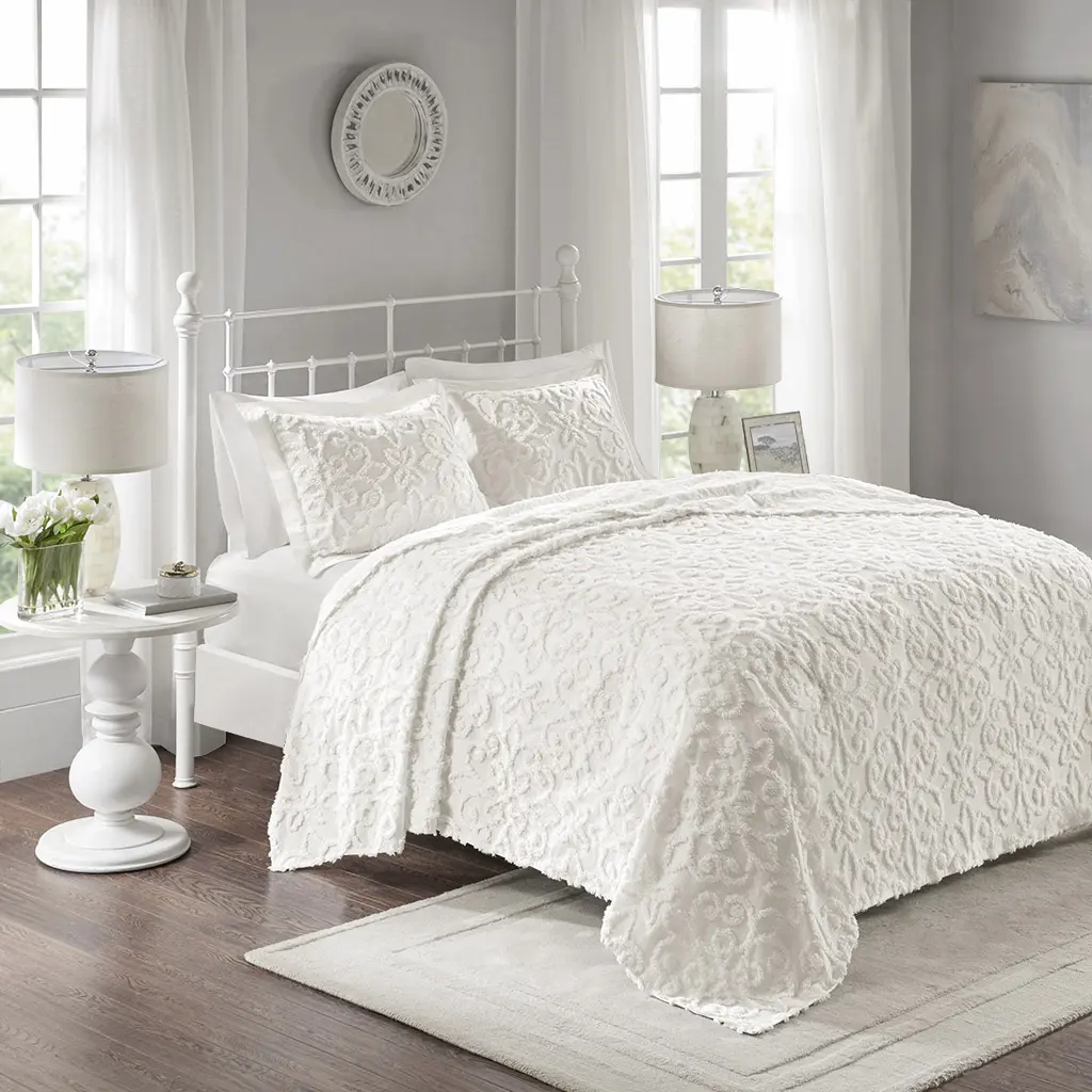 Madison Park MP13-5321 3 Piece Cotton Chenille Bedspread Set - White, King & California King Size