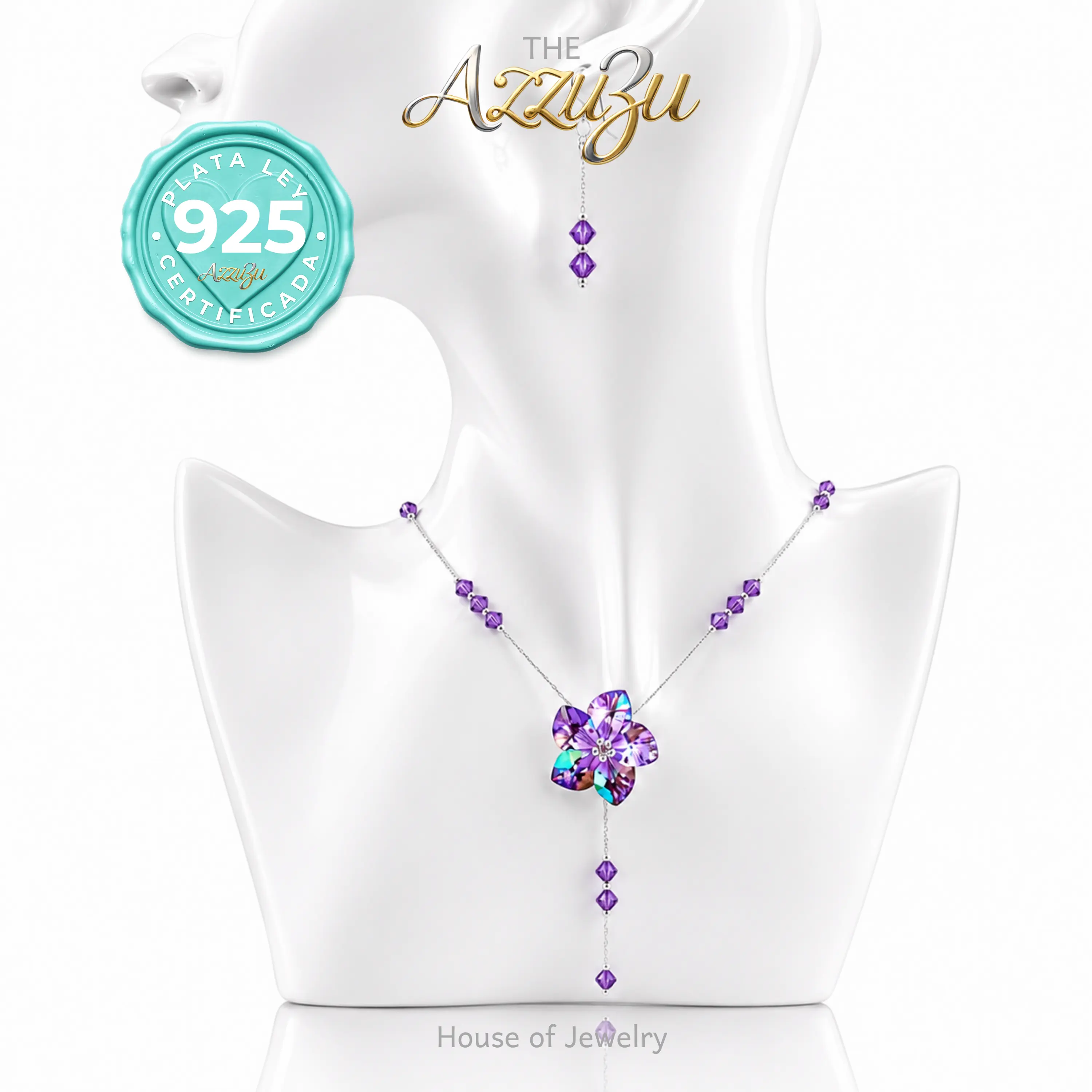 The AzzuZu 925 Sterling Silver Purple Facetted & Mystic Crystal Flower Necklace & Earrings Set