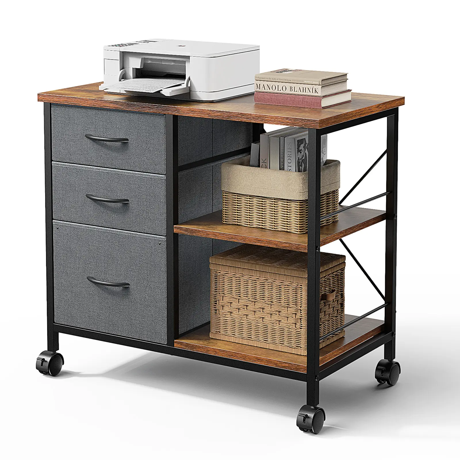 3-Drawer Mobile File Cabinet with Open Shelf - Drawers Organization, Storage Platform, Sturdy Wood Computer Desk Workstation, Printer Stand, Back Support Bar, 110lb Capacity for Home Office, Storage Drawer Platform
