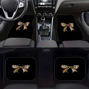 4-piece leopard print bow car floor mat set | Fashionable style, trendy item, enhances vehicle interior appearance, polyester fiber, universal fit, Car Interior Accessory, Car Accessories