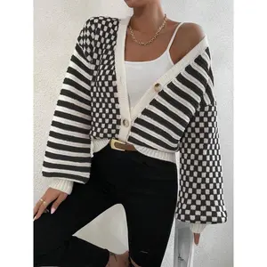 Winter Retro Checkerboard Colorful Striped Knitted Button Tops Spring Loose V-neck Bottoming Cardigan Woman Sweaters(gift)