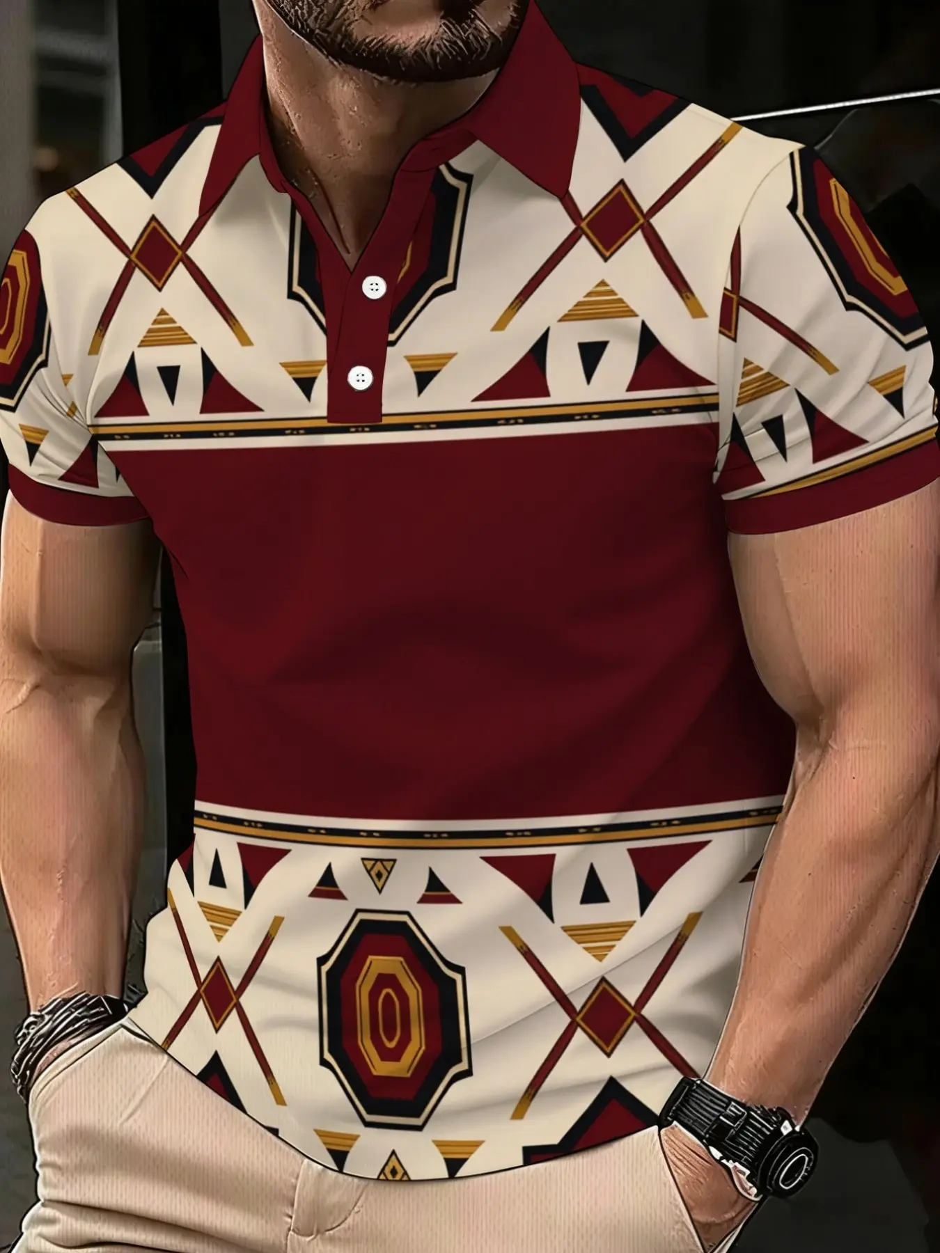 [Printed Design - No Texture] Men's polyester geometric pattern Polo shirt, in burgundy and cream colors. Lightweight and durable, suitable for casual wear, office attire or dining out. Comfortable and fitting for daily use.