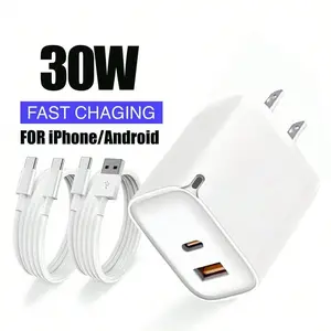30W Super-Fast Charging Dual-Port A+C Wall Charger, High Efficiency Charger, compatible with USB-A and USB-C cables, available in multiple configurations. Compatible with iPhone 17/16/15 and Samsung Galaxy S26/S25/S24. Ideal for home, office, and travel