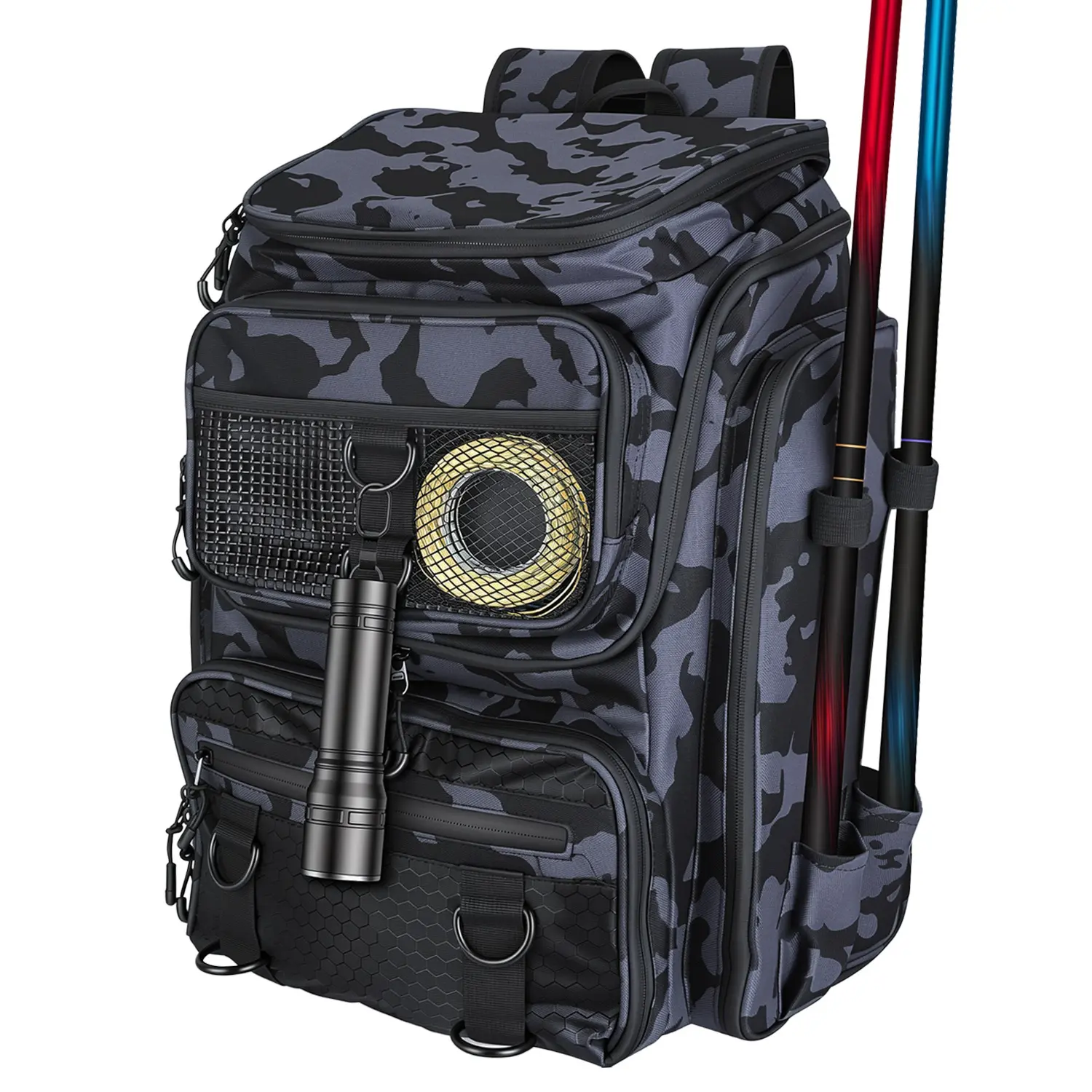 Unisex 42L Large Capacity Waterproof Fishing Tackle Backpack - 16 Pockets, Rod Holders, 8 D-Rings, Adjustable Padded Straps, Outdoor Gear for Summer Outdoor Fishing, Adjustable Straps