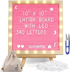 Pink Felt Letter Board with Lights, Built-in LED Lights -Message Board Adjustable Stand, 340 Letters and Christmas,- for Menus, Pregnancy Announcement, Weddings, Party Planning(10 * 10)