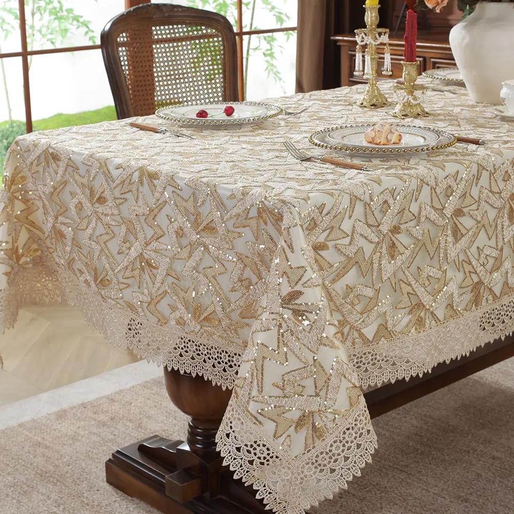 Single-pack double-layer sequined embroidered lightning pattern tablecloth in multiple colors, large size. Suitable for indoor and outdoor events, parties and celebrations, weddings, holiday dinners, banquets, restaurants, and Western-style tablecloths.