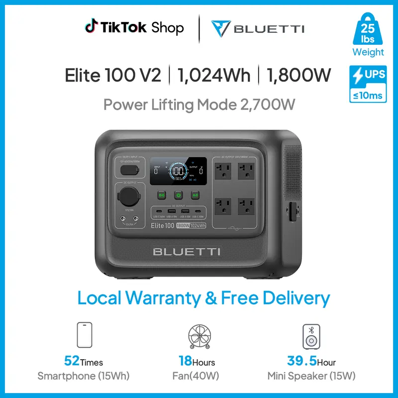 BLUETTI Elite 100 V2 1024Wh Portable Power Station, LiFePO4 Battery Solar Generator w/ 4 1800W AC Outlets (3600W Surge) Backup, 35% Smaller for Camping, Outages (Solar Panel Optional)