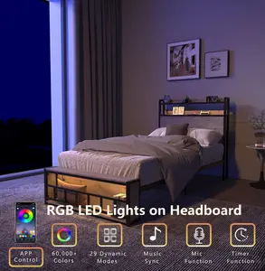 Twin Bed Frames , Headboard and Charging Station & LED Light for Bedroom, Solid and Stable, Noise Free, No Box Spring Needed, Easy Assembly