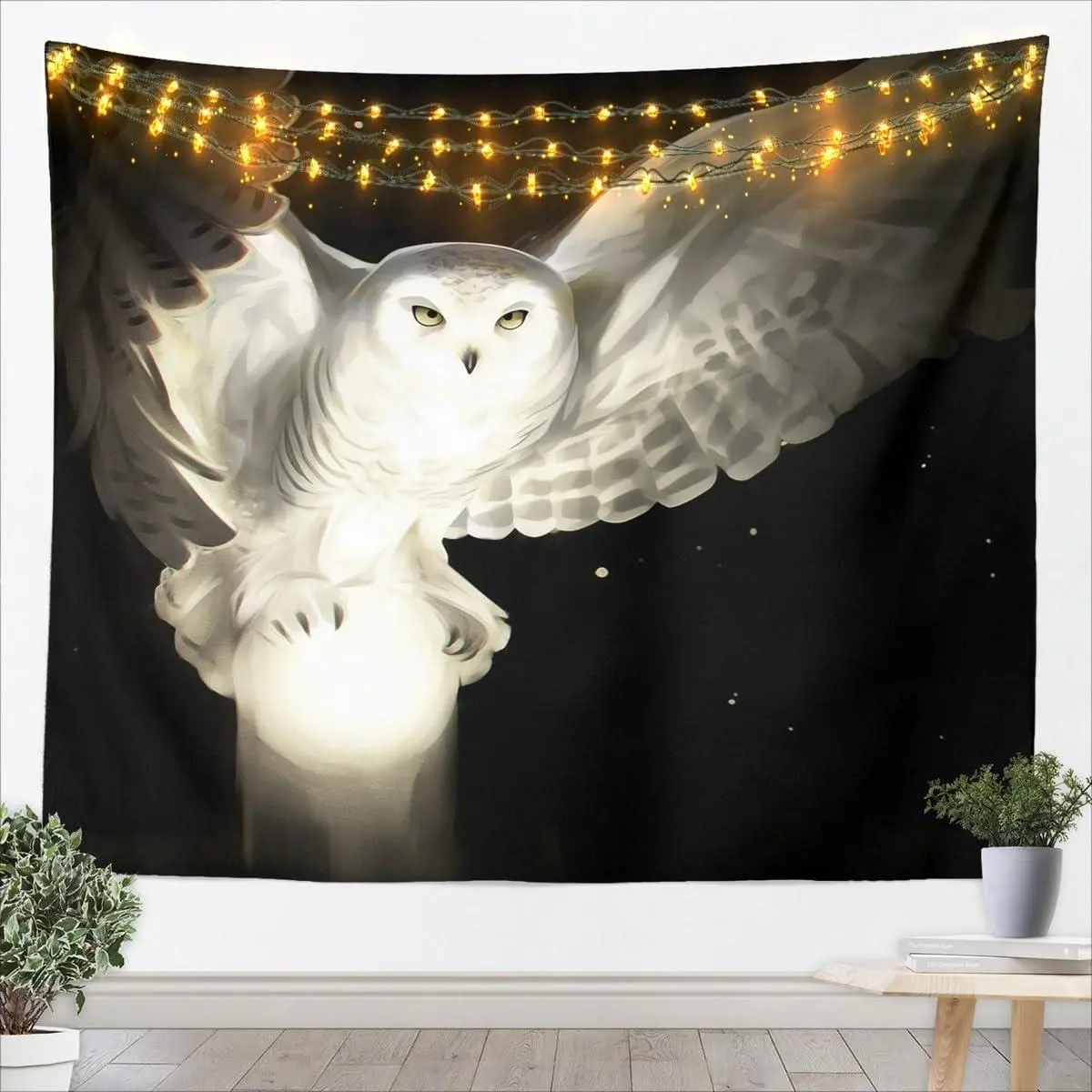 Black Sky Stars Decor Wall Hanging White Light Owl Pattern Tapestry Soft Microfiber Wall Art Blanket Polyester Tapestries Dorm Bedroom and Living Room,Small 519.1