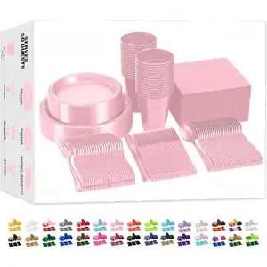 350 Pcs Pink Plastic Plates For Party, Pink Disposable Plates Set, 50 Of Each 9" Dinner Plate Set, 7" Dessert Plate, Cups, Napkins & Cutlery Plastic Dinnerware Exquisite Utensils Pack
