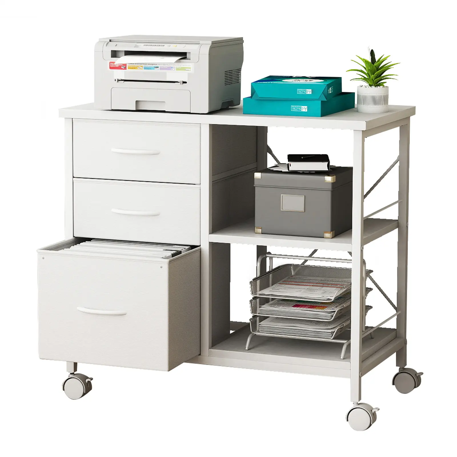 3-Tier Mobile File Cabinet, Printer Stand with Storage, Office Table with Drawers and Back Support Bar, Holds 110lb for Home Office 3-Tier Mobile File Cabinet, Printer Stand with Storage, Office Table with Drawers and Back Support Bar, Holds 110lb for Home Office