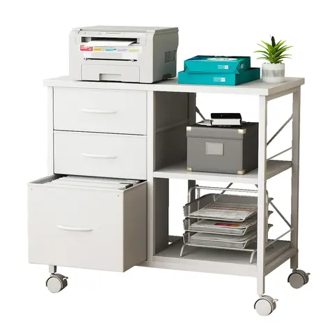 Sweetcrispy 3-Tier Mobile Sturdy Durable Modern Filing Cabinet - Commercial Office Furniture, Computer Working Desk on Wheels with Lockable Casters, Printer Stand, Smooth Fabric Drawers, A4/Letter Drawer, Back Support Bar, 110lb Capacity for Home Office