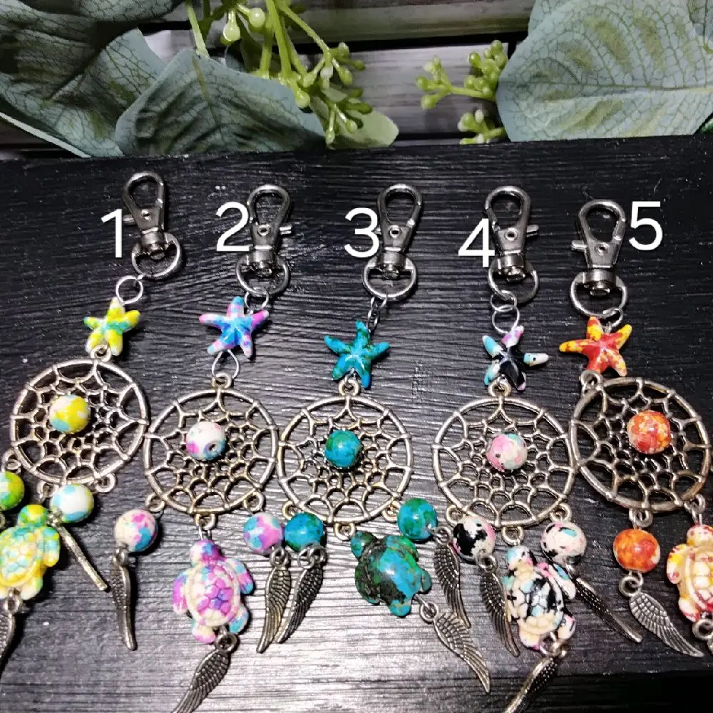 Dream Catcher Turtle Keychain with Colorful Beads and Angel Wings Charm for Unique Accessory