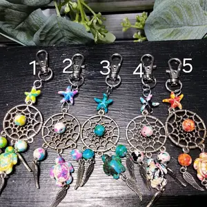 Dream Catcher Turtle Keychain with Colorful Beads and Angel Wings Charm for Unique Accessory