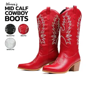 VIMISAOI Womens Mid Calf Cowboy Boots Pointed Toe Chunky Block Heel Pull On Embroidered Elegant Western Vintage Fashion Party Event Cowboy Festival Country Wedding Casual Dance Viral Tiktok Cowgirl Boots