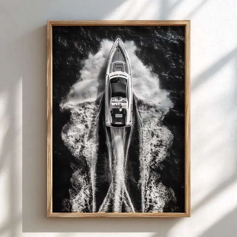 [Sale Up to 60% Off][Free Shipping][No Frame] Aerial Speedboat Ocean Wake Poster | Black and White Photography Print | Coastal Wall Art | Modern Nautical Decor | Fine Art Photo