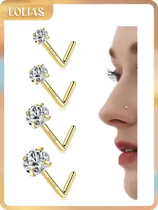 LOLIAS 14K Gold Filled Nose Studs 316L Surgical Steel Gold Nose Rings Studs 6A CZ Simulated Diamond Corkscrew L Shaped Nose Piercing Hypoallergenic Nose Rings for Women Men 20G