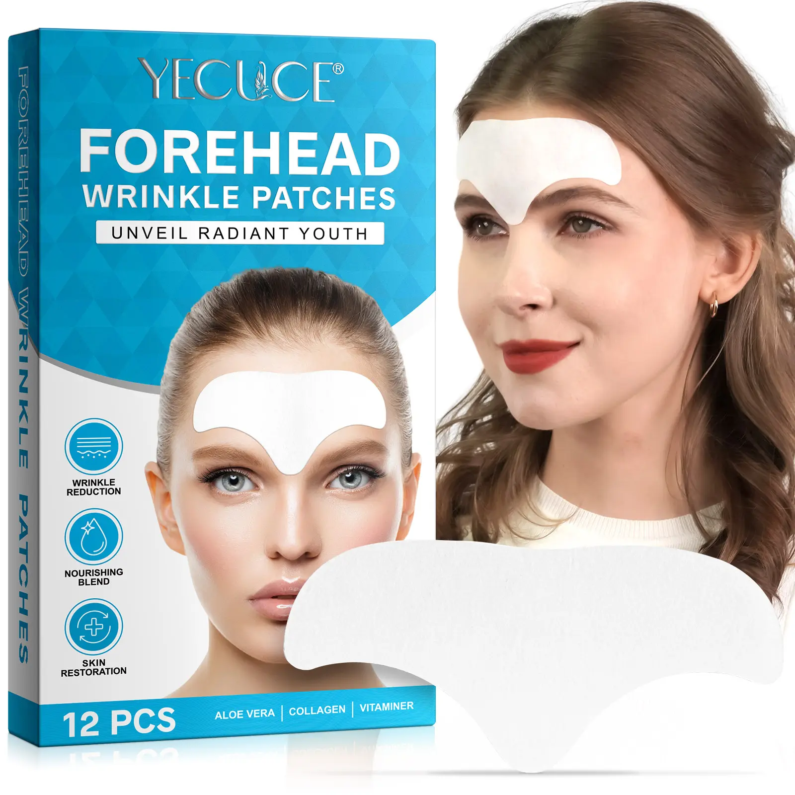 Yecuce Forehead & Between the Eyes Patches for Eyeline Smoothing, Gentle Facial Patches to Reduce Lines & Wrinkles - 16 Pieces, Dry, Forehead Line Help, Collagen Patch, Female