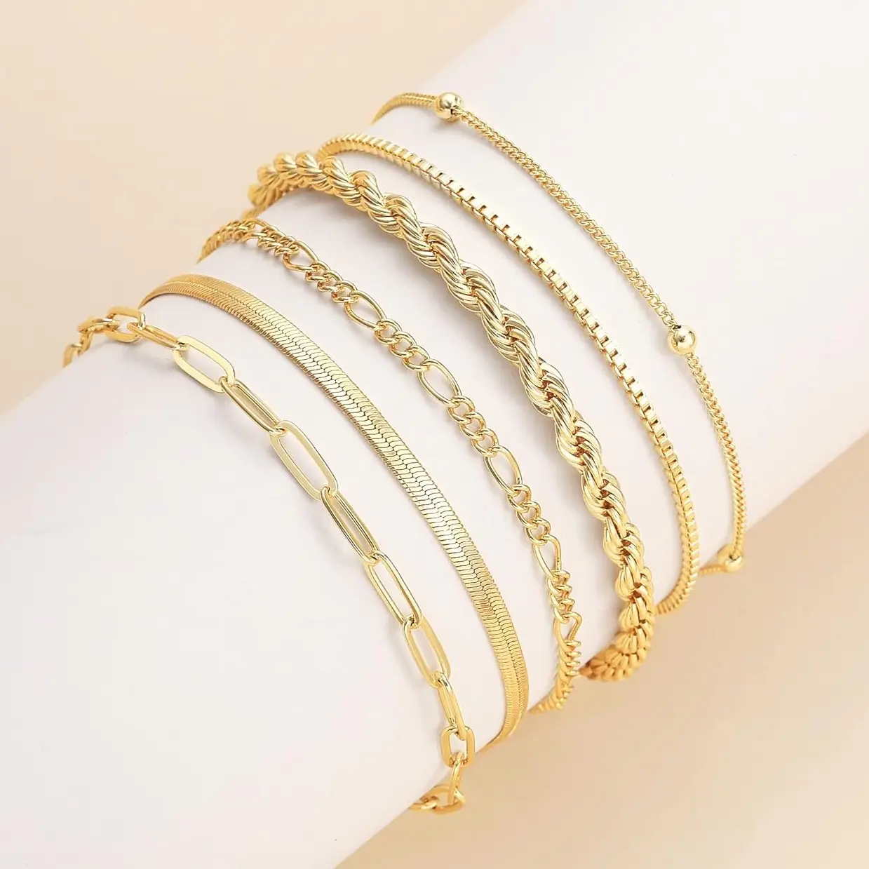 FOXGIRL Women's 6-Piece Mix Stackable Bracelets Set - Cuban Link, Paperclip Chain, Waterproof, Skin-Safe Metals Fashion Costume Jewelry Gift for Women