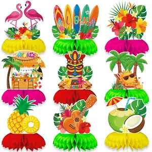 9PCS Hawaiian Luau Party Decorations Hawaiian Luau Honeycomb Centerpieces, 3D Double Side Luau Centerpieces for DIY Tables Tropical Hawaiian Birthday Themed Party Decorations Supplies Decorative Props