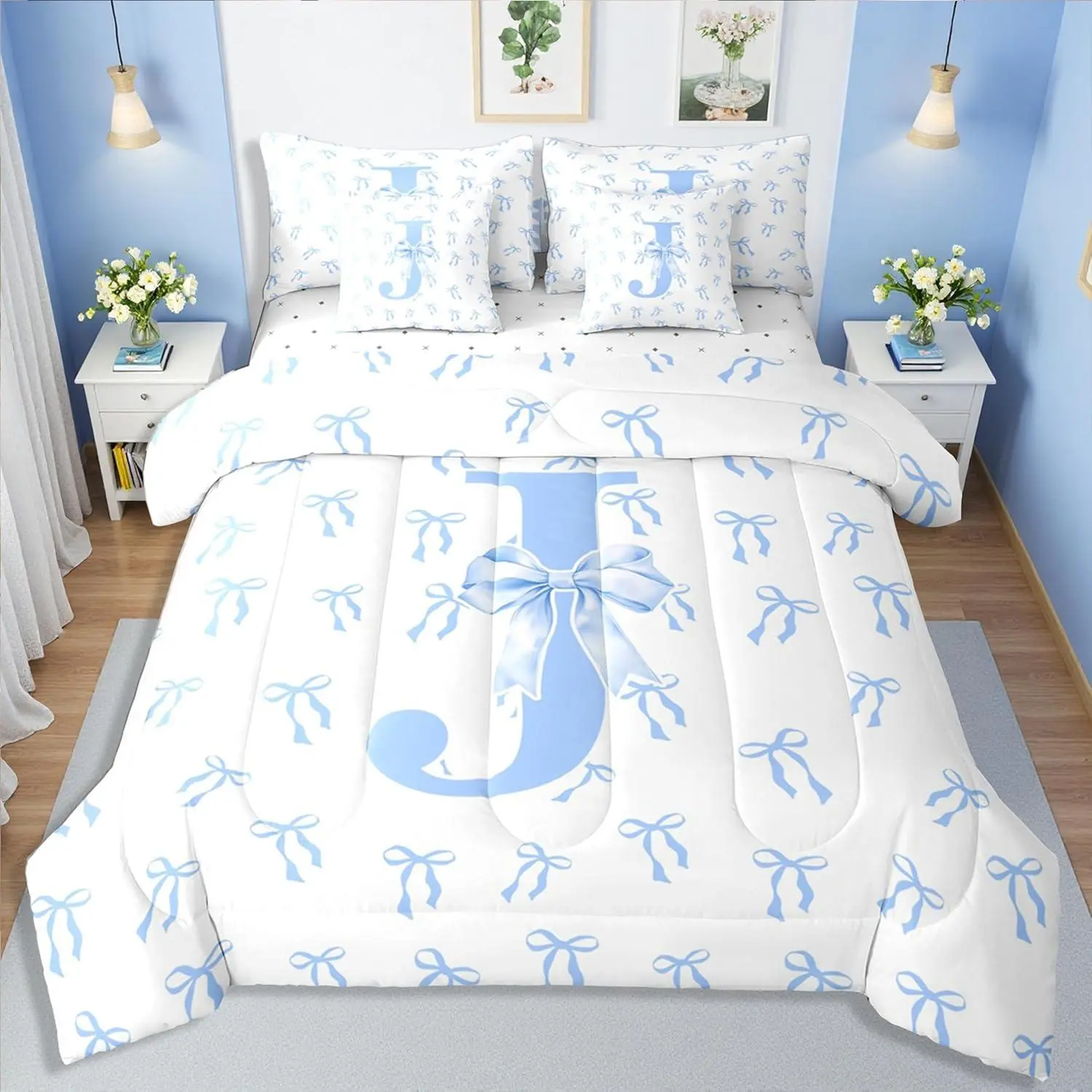 Blue Bow Comforter Set with Sheets 7 Piece Bowknot Initial Letter J Bed in A Bag Kawaii Blue Princess Bedding Sets Dreamy Bed Set