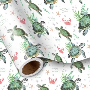Sea Turtle Wrapping Paper Roll for Boys Girls , Green Sea Turtle with Seaweed, Crabs, Starfish, Underwater Design for Birthday,  Shower Party, Mini Roll, 17 inches x 16.4