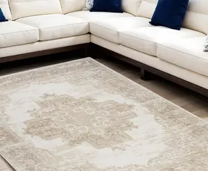 HomeRoots 545416 8x10 ft. Distressed Medallion Power-Loom Rectangle Area Rug, Beige & Ivory - Classic, Large-Format, Shaped Area Rugs, Classic Area Rugs