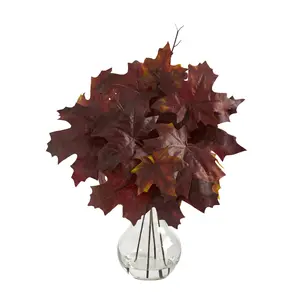 Nearly Natural 18" Autumn Maple Leaf Plant in Glass Planter